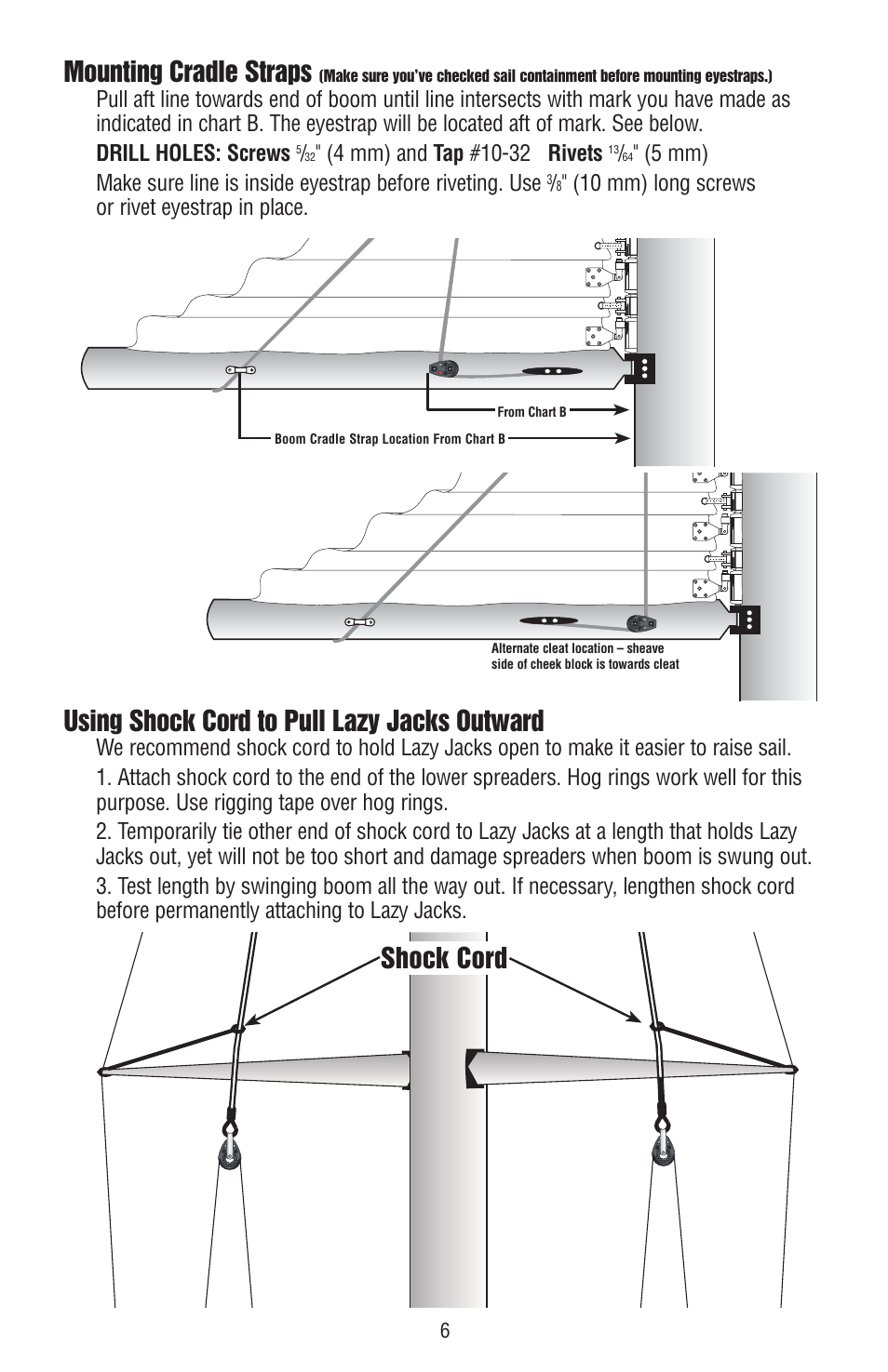 Using shock cord to pull lazy jacks outward, Mounting cradle straps, Shock cord | 10 mm) long screws or rivet eyestrap in place | Harken 252 Lazy Jack kit User Manual | Page 6 / 8