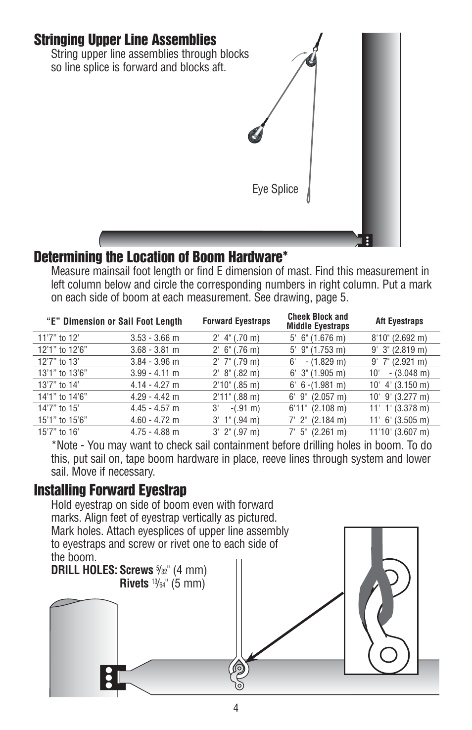 Stringing upper line assemblies, Installing forward eyestrap, Determining the location of boom hardware | 4 mm) rivets, 5 mm) | Harken 254 Lazy Jack kit User Manual | Page 4 / 8