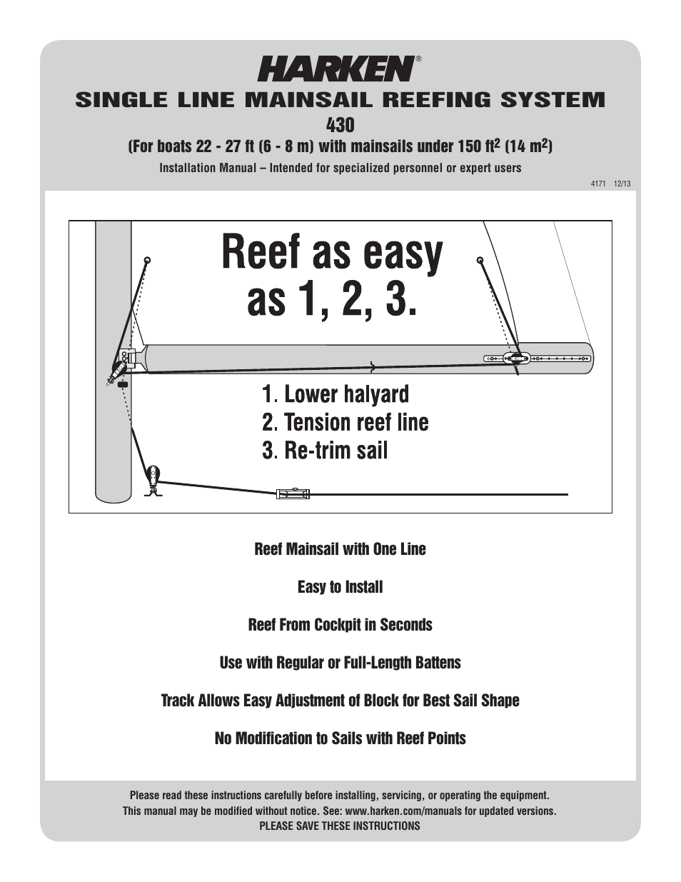 Harken 430 Single Line Reefing User Manual | 8 pages