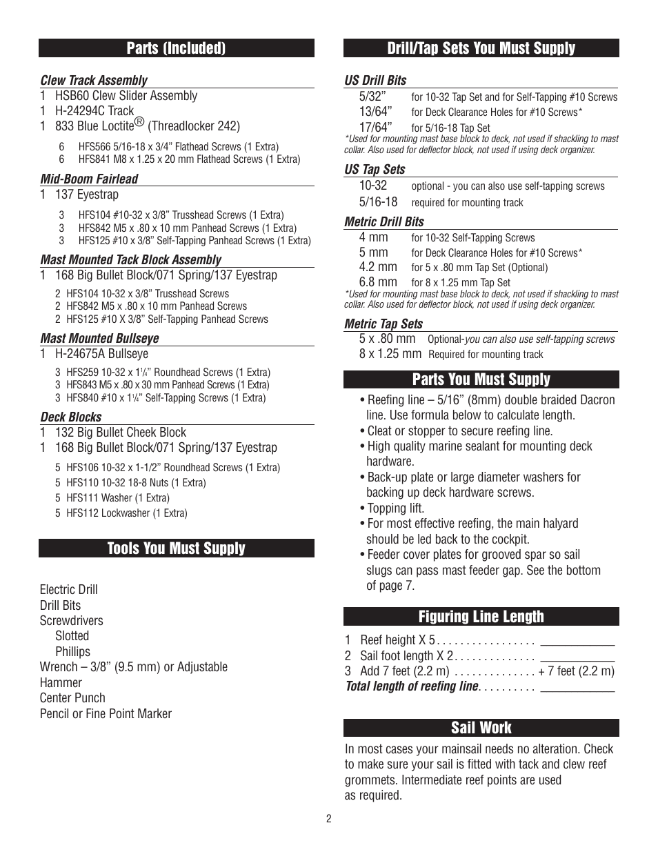 Parts (included) drill/tap sets you must supply | Harken 430 Single Line Reefing User Manual | Page 2 / 8