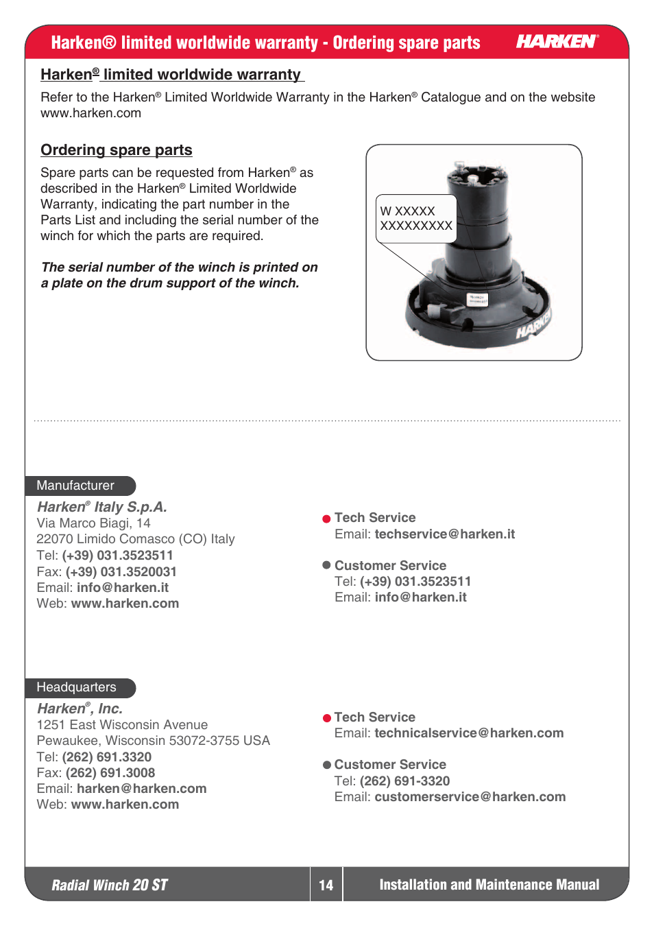 20 st, Harken, Limitedworldwidewarranty | Orderingspareparts | Harken 20ST Winche User Manual | Page 14 / 19