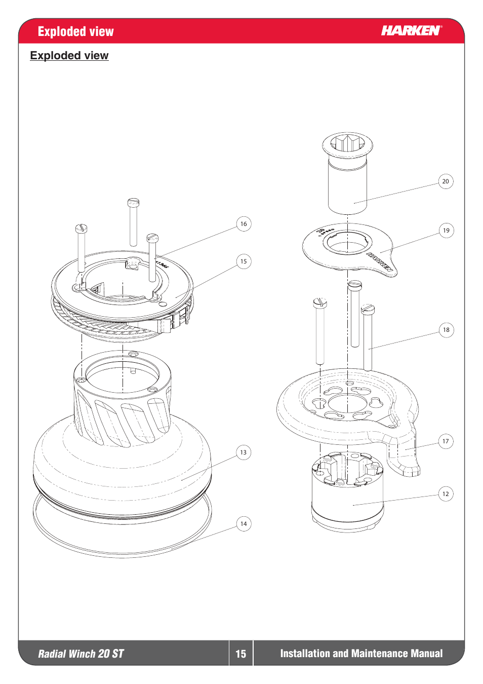 Exploded view, 20 st, Explodedview | Radial winch, Installation and maintenance manual | Harken 20ST Winche User Manual | Page 15 / 19