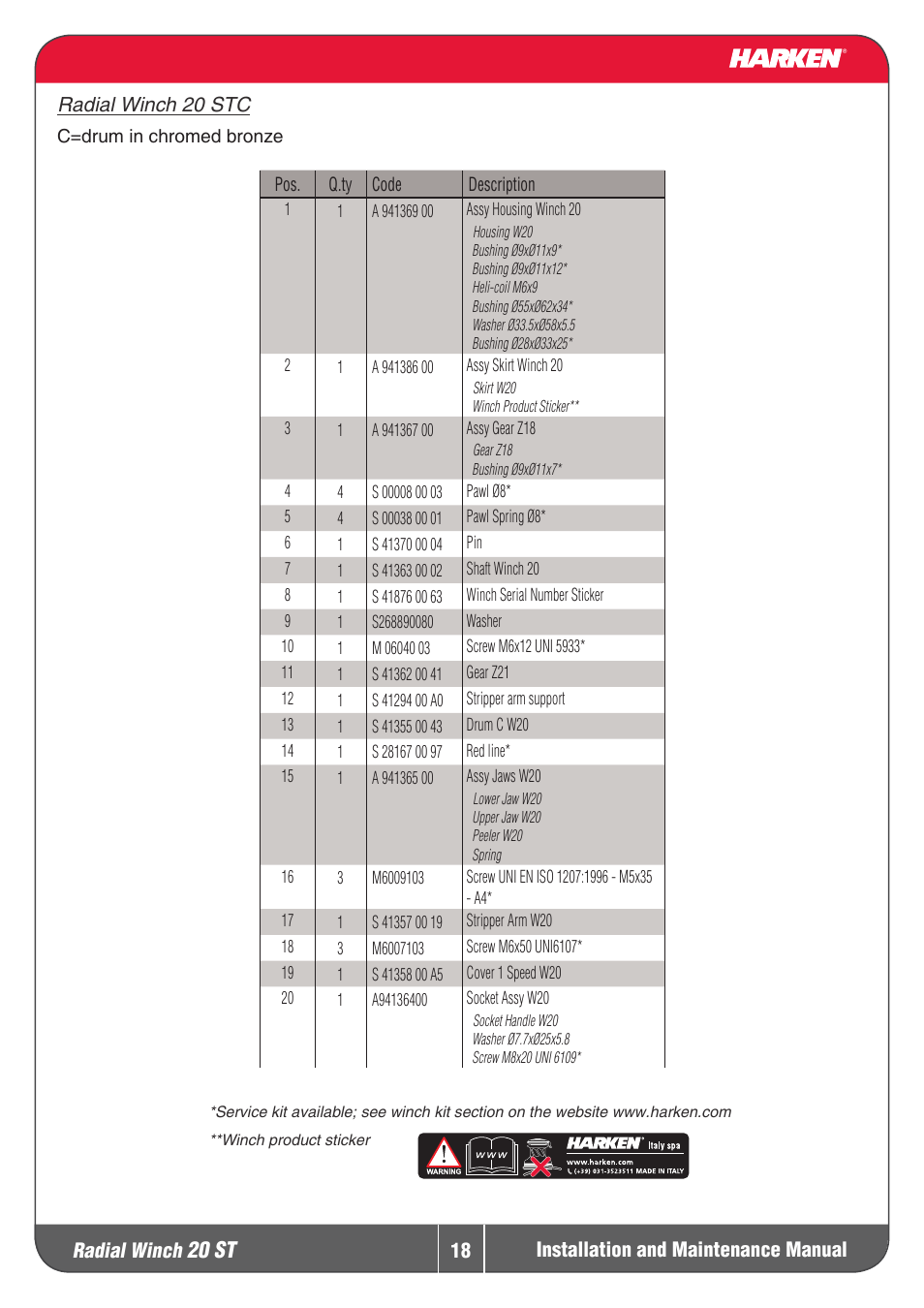 20 st, Radial winch | Harken 20ST Winche User Manual | Page 18 / 19