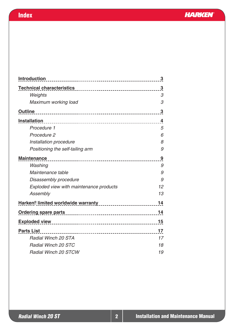 Index | Harken 20ST Winche User Manual | Page 2 / 19