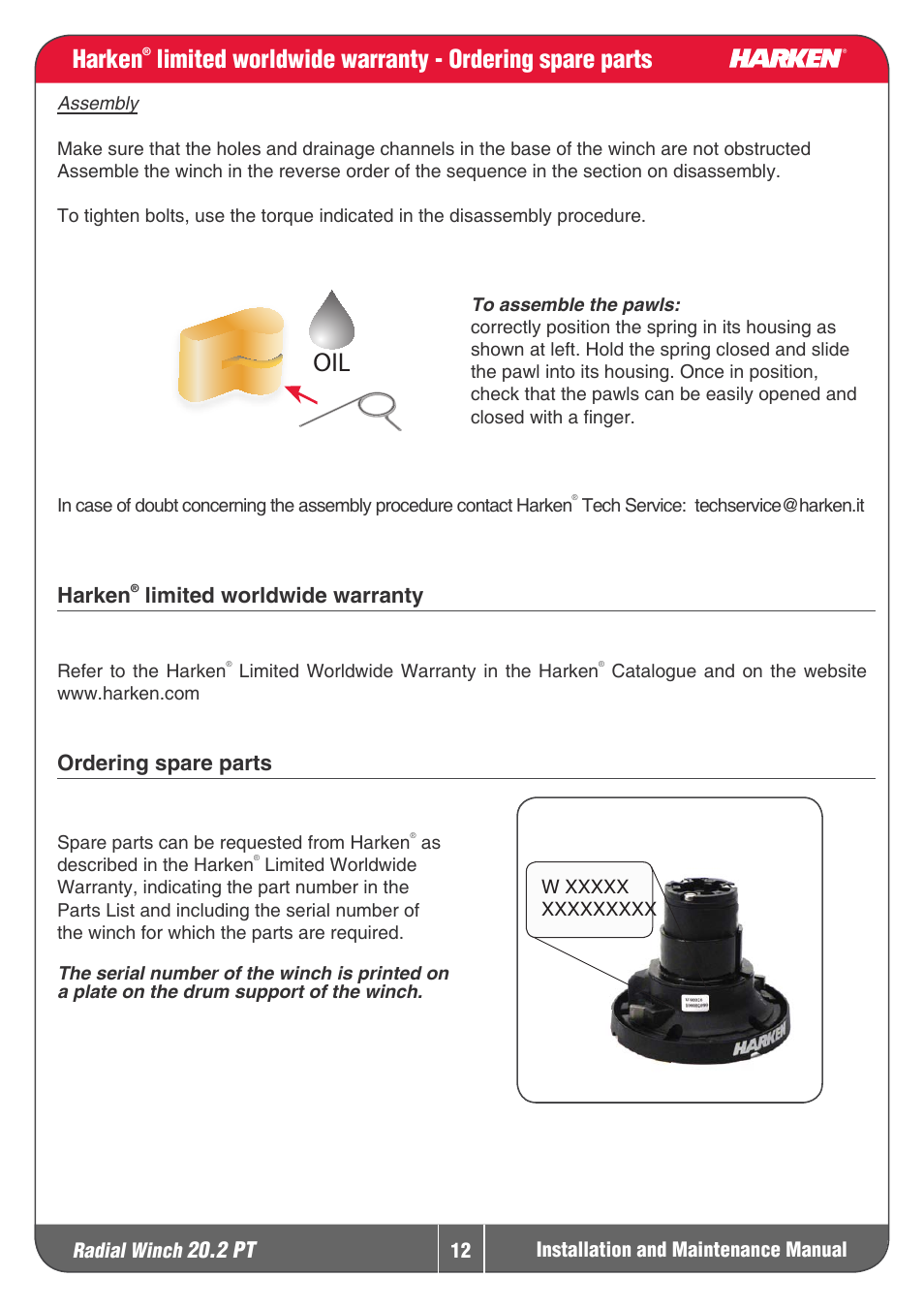 Limited worldwide warranty - ordering spare parts, 2 pt, Harken | Limited worldwide warranty, Ordering spare parts | Harken 20.2PT Winche User Manual | Page 12 / 16