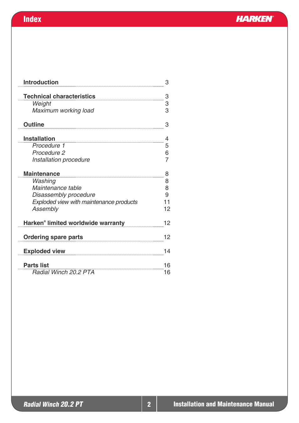 Index | Harken 20.2PT Winche User Manual | Page 2 / 16