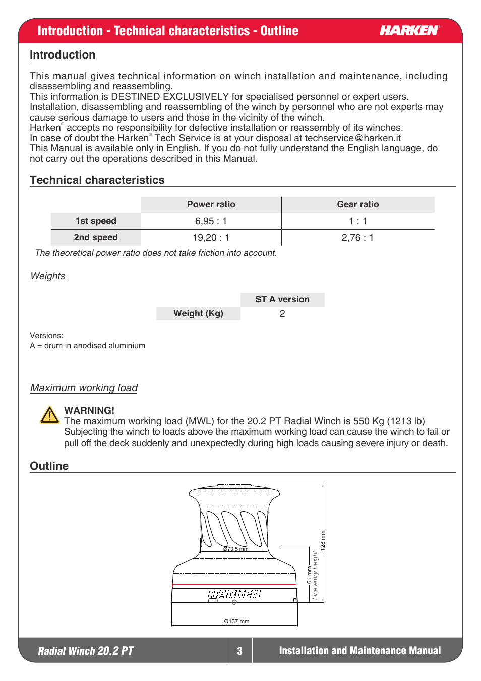 Introduction - technical characteristics - outline, 2 pt, Introduction | Technical characteristics, Outline, Radial winch | Harken 20.2PT Winche User Manual | Page 3 / 16