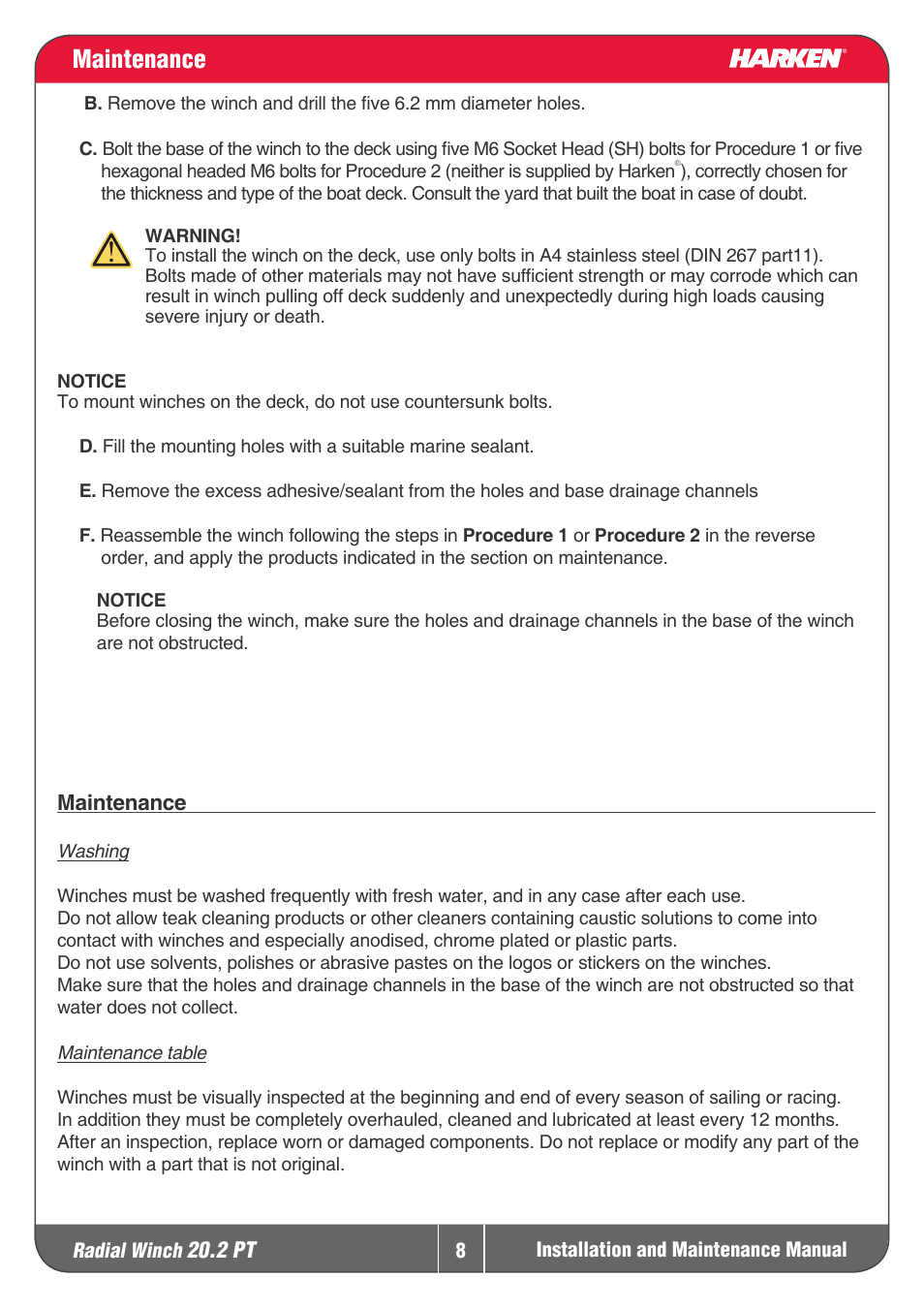 Maintenance | Harken 20.2PT Winche User Manual | Page 8 / 16