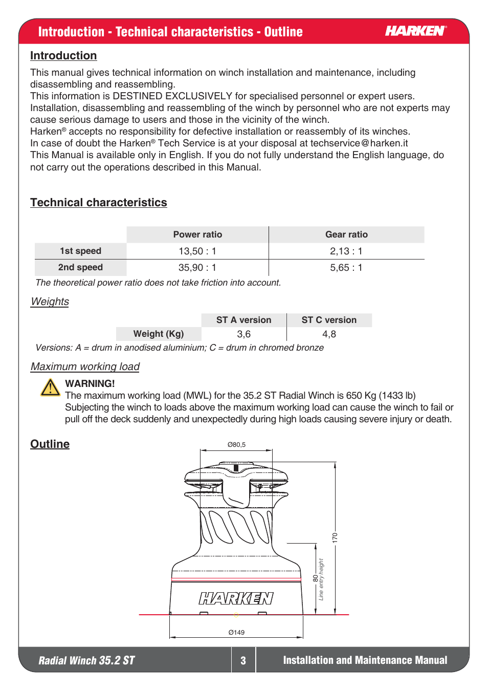 Winch 35 st winch 35 pt, Introduction - technical characteristics - outline | Harken 35.2ST Winche User Manual | Page 3 / 20