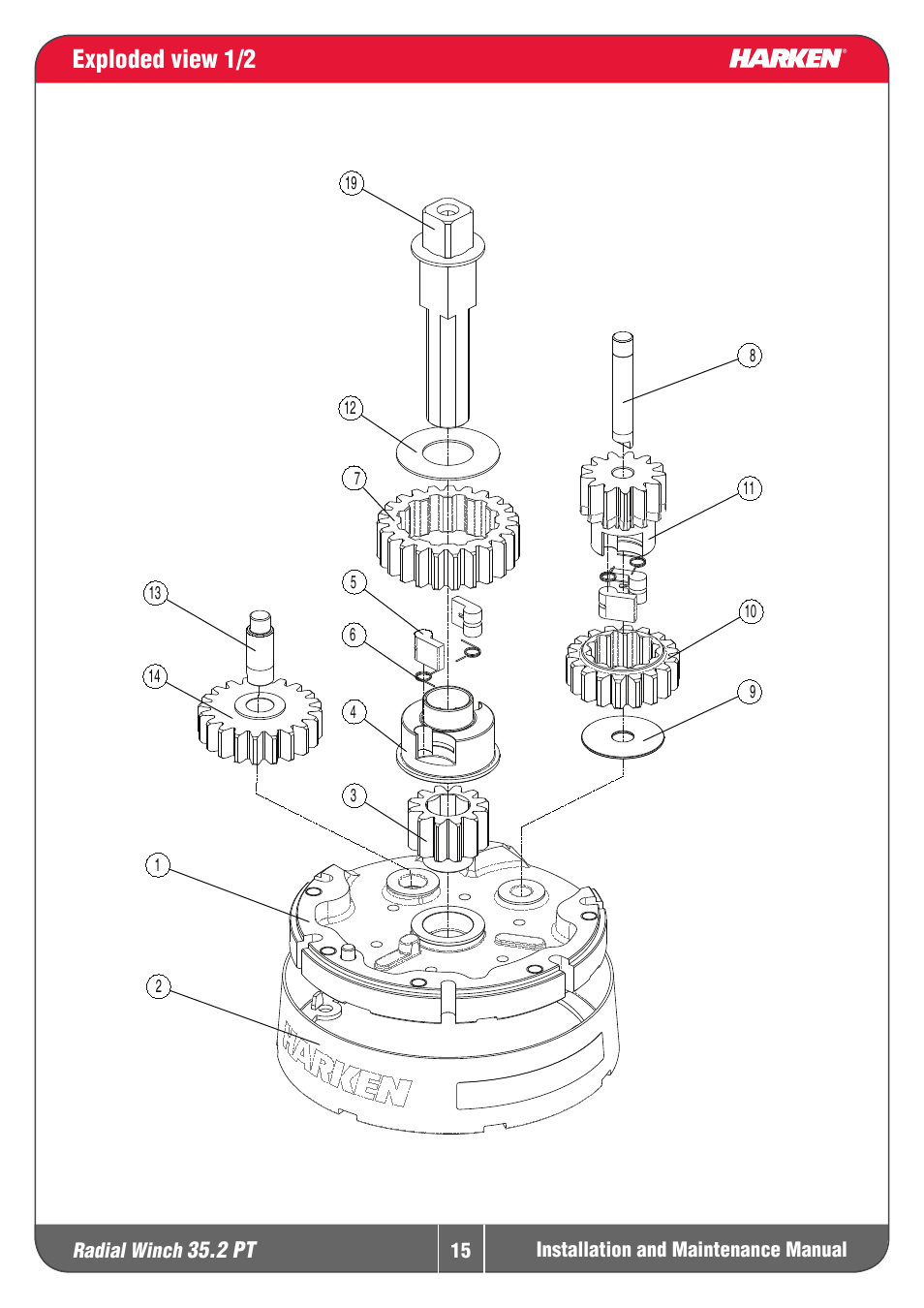 Exploded view 1/2 | Harken 35.2PT Winche User Manual | Page 15 / 17