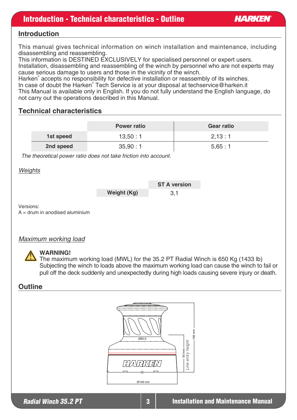 Introduction - technical characteristics - outline, 2 pt, Introduction | Technical characteristics, Outline, Radial winch | Harken 35.2PT Winche User Manual | Page 3 / 17