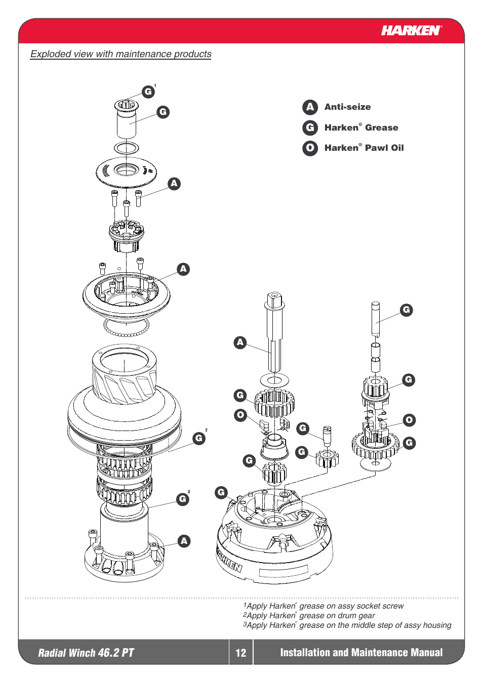 2 pt, Radial winch, Installation and maintenance manual | Exploded view with maintenance products | Harken 46.2PT Winche User Manual | Page 12 / 17