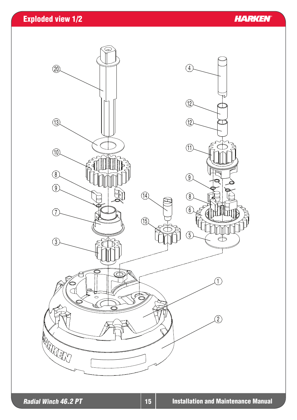 Exploded view 1/2 | Harken 46.2PT Winche User Manual | Page 15 / 17