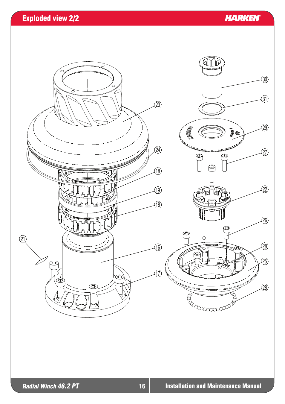 Exploded view 2/2 | Harken 46.2PT Winche User Manual | Page 16 / 17