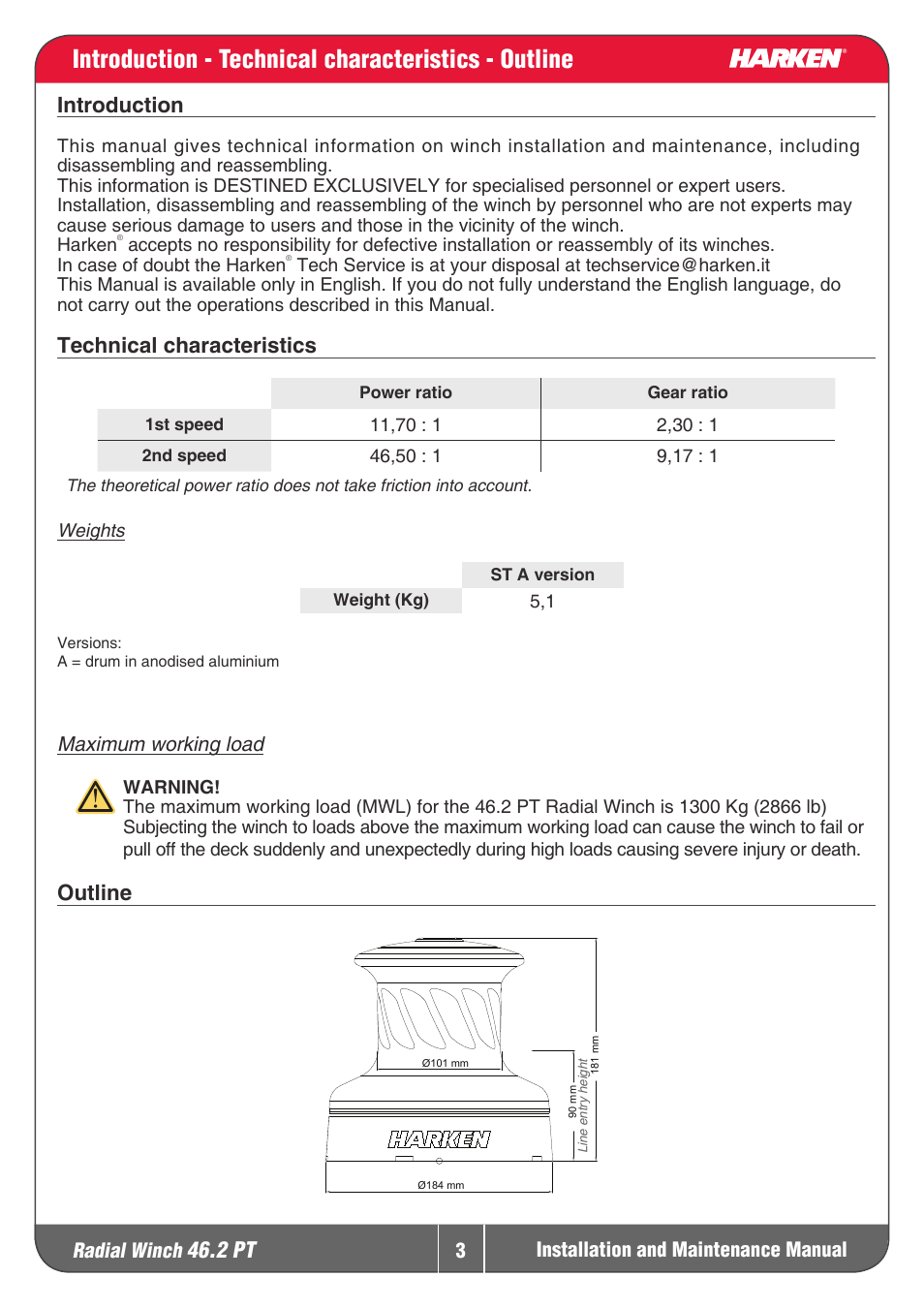 Introduction - technical characteristics - outline, 2 pt, Introduction | Technical characteristics, Outline, Radial winch | Harken 46.2PT Winche User Manual | Page 3 / 17