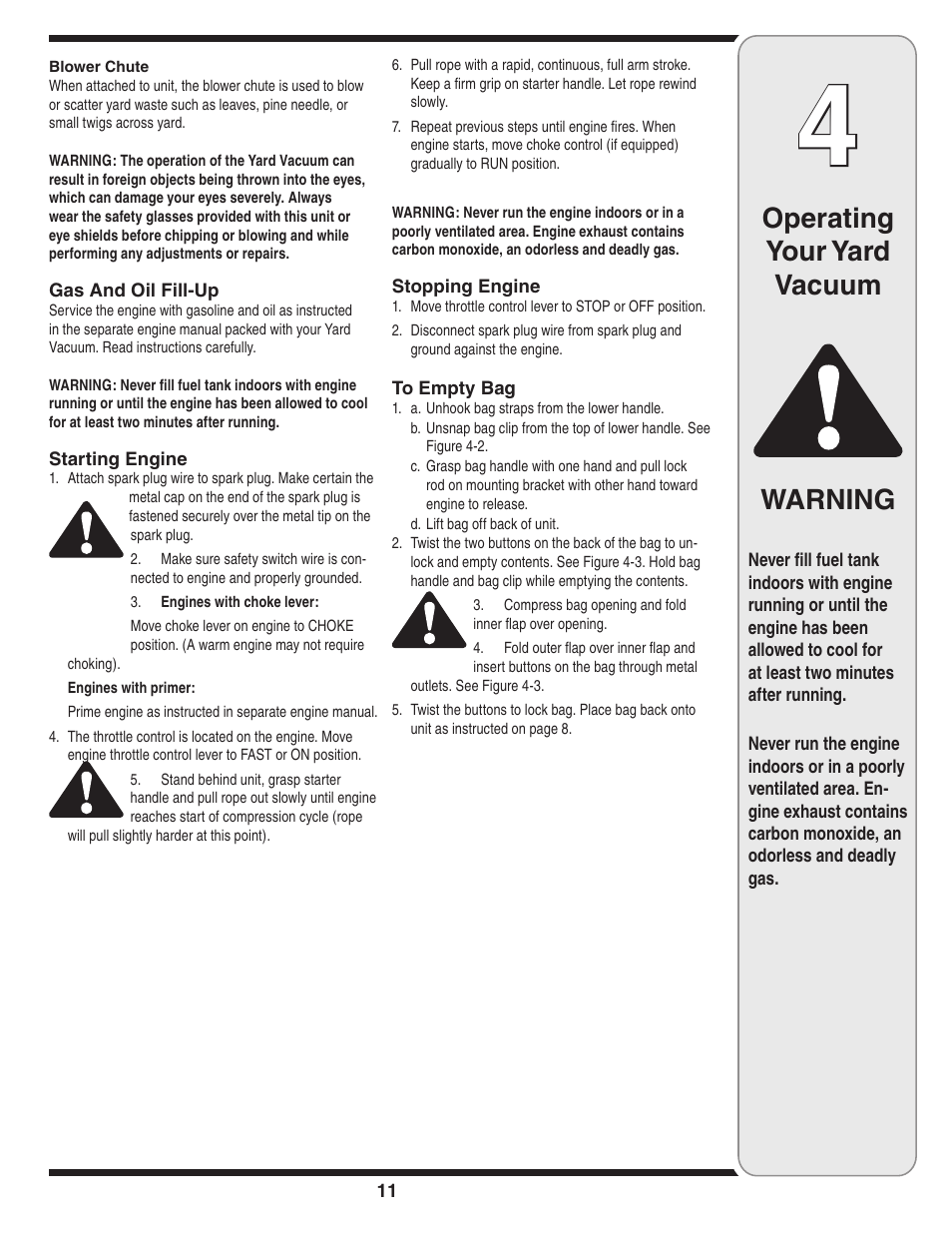 Operating your yard vacuum warning | Cub Cadet 60 User Manual | Page 11 / 24