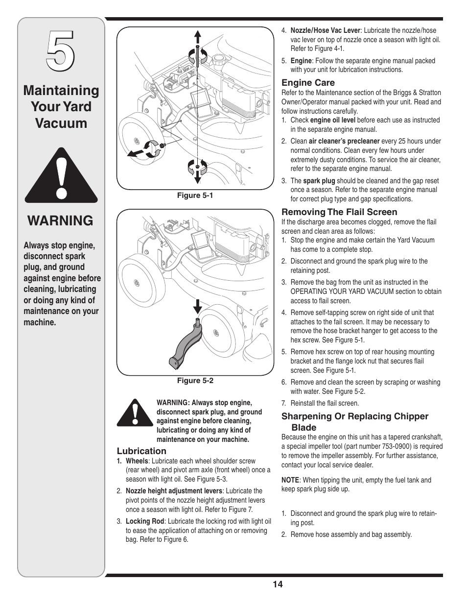 Maintaining your yard vacuum warning | Cub Cadet 60 User Manual | Page 14 / 24