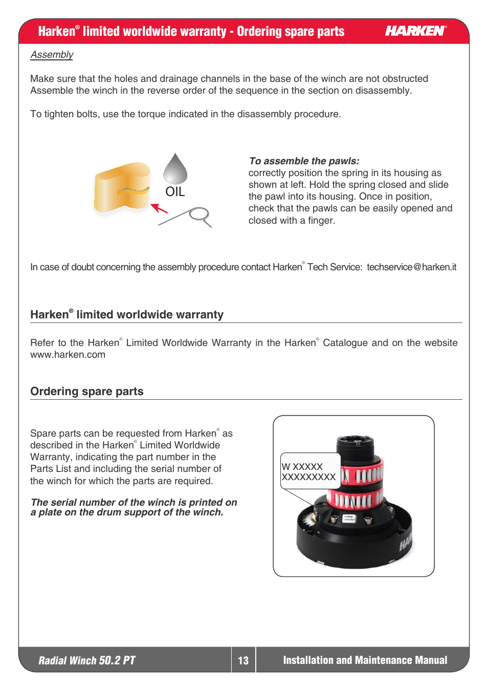 Limited worldwide warranty - ordering spare parts, 2 pt, Harken | Limited worldwide warranty, Ordering spare parts | Harken 50.2PT Winche User Manual | Page 13 / 17