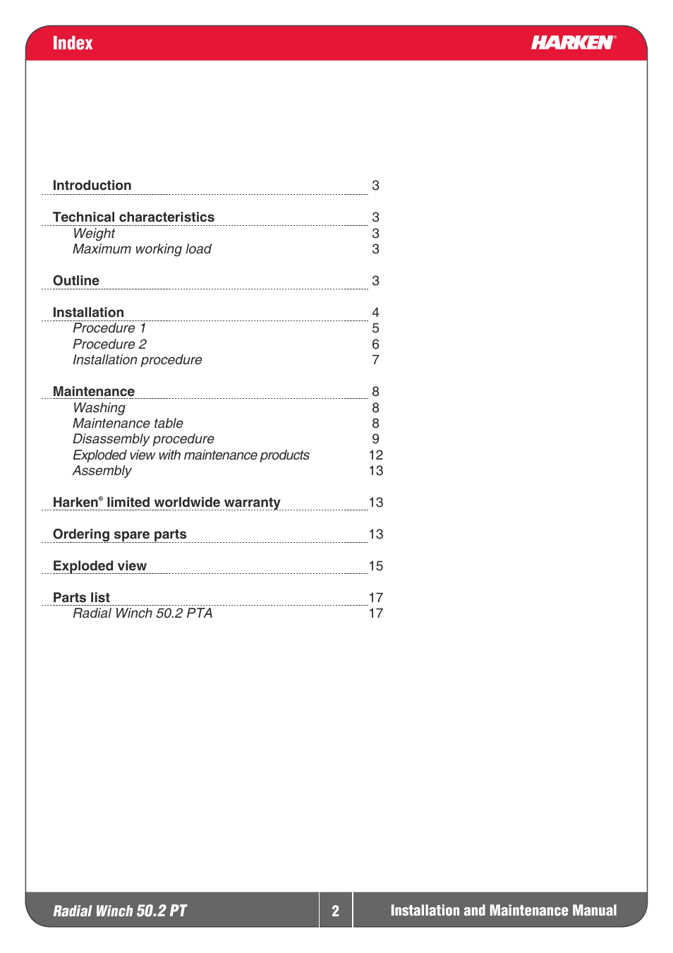 Index | Harken 50.2PT Winche User Manual | Page 2 / 17