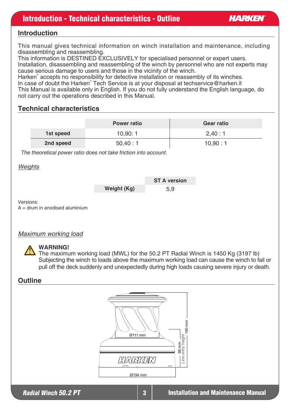 Introduction - technical characteristics - outline, 2 pt, Introduction | Technical characteristics, Outline, Radial winch | Harken 50.2PT Winche User Manual | Page 3 / 17