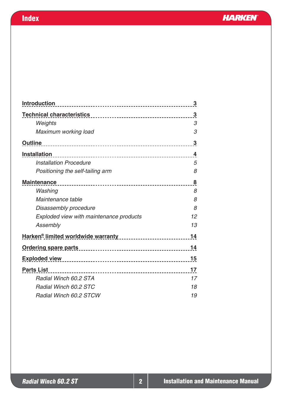 Index | Harken 60.2ST Winche User Manual | Page 2 / 19