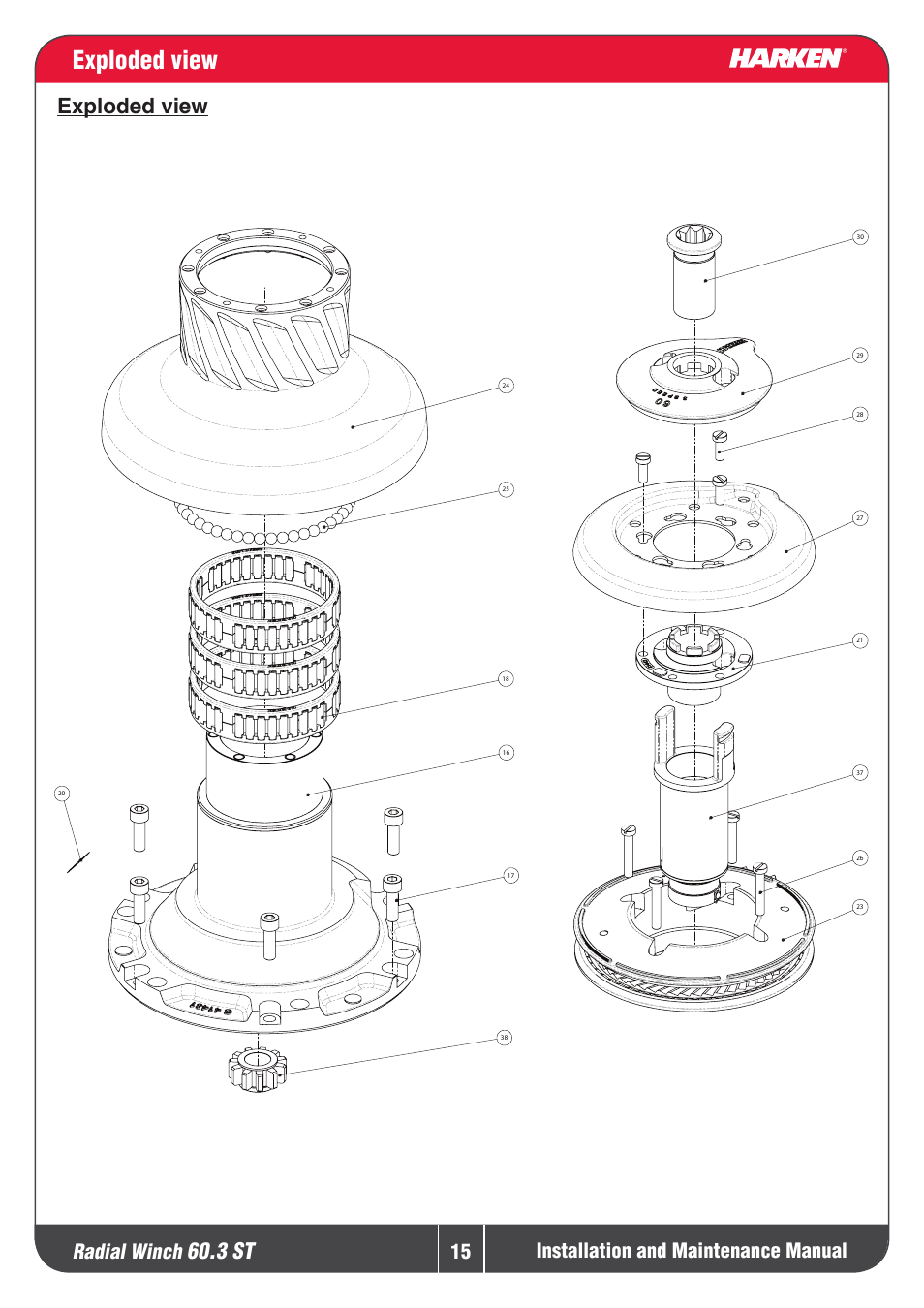 Exploded view, 3 st, Explodedview | Radial winch, Installation and maintenance manual | Harken 60.3ST Winche User Manual | Page 15 / 19