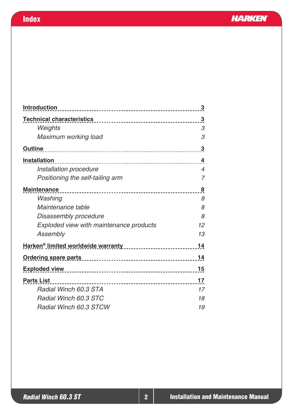 Index | Harken 60.3ST Winche User Manual | Page 2 / 19