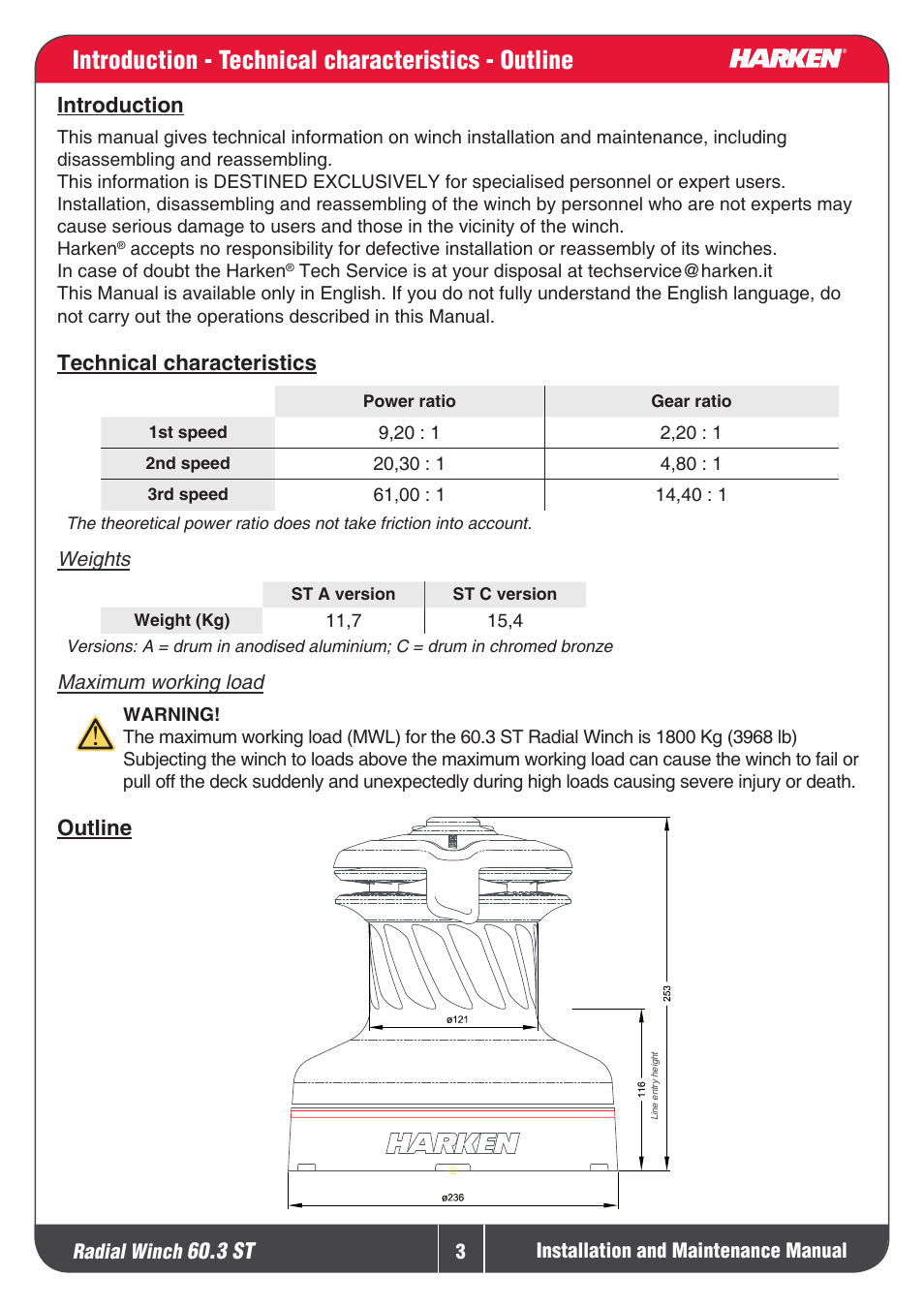 Introduction - technical characteristics - outline, 3 st, Introduction | Technicalcharacteristics, Outline, Radial winch | Harken 60.3ST Winche User Manual | Page 3 / 19