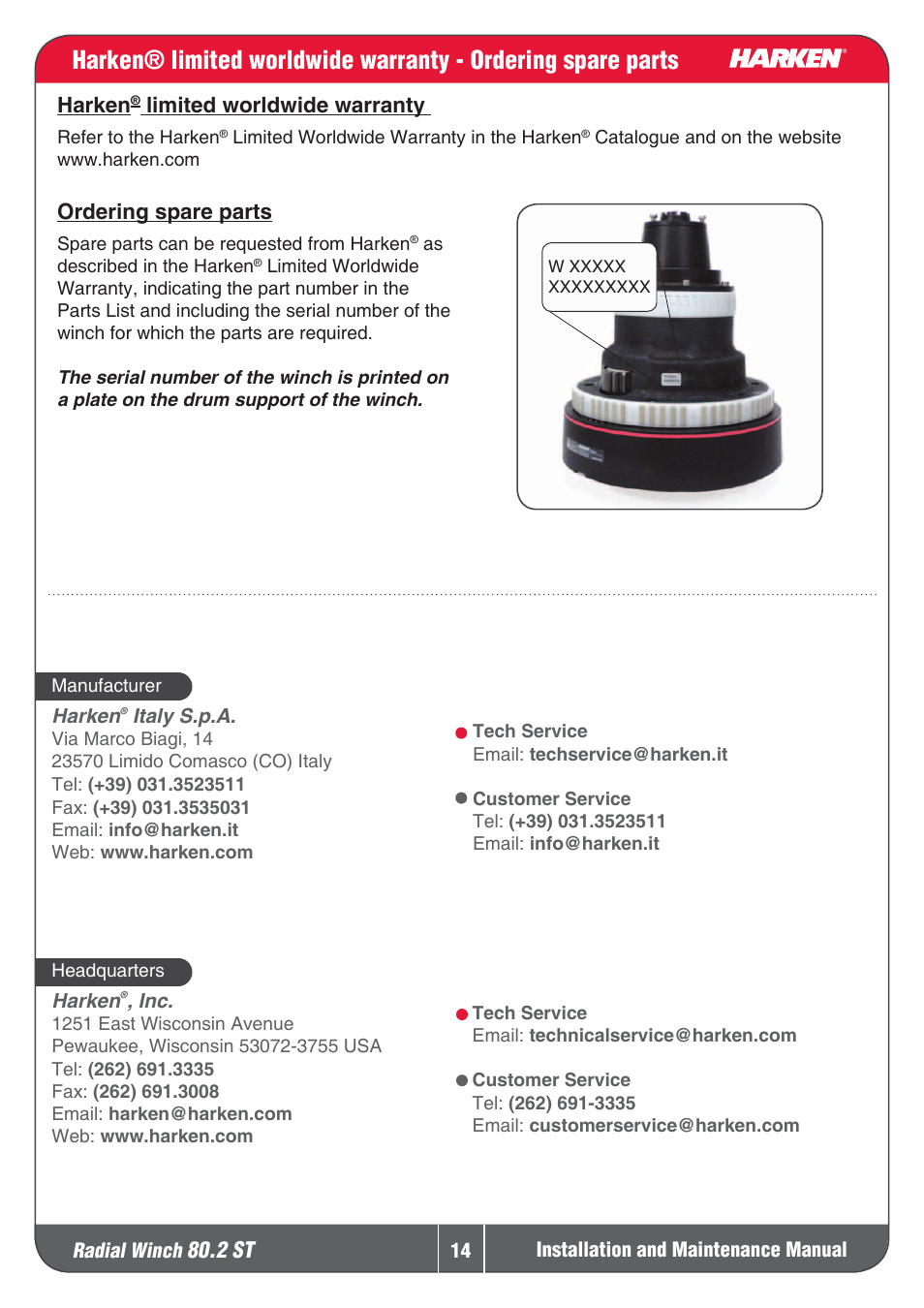 2 st, Harken, Limitedworldwidewarranty | Orderingspareparts | Harken 80.2ST Winche User Manual | Page 14 / 18