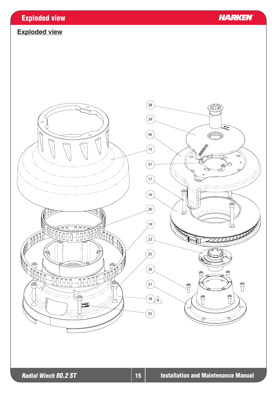 Exploded view, 2 st, Explodedview | Radial winch, Installation and maintenance manual | Harken 80.2ST Winche User Manual | Page 15 / 18