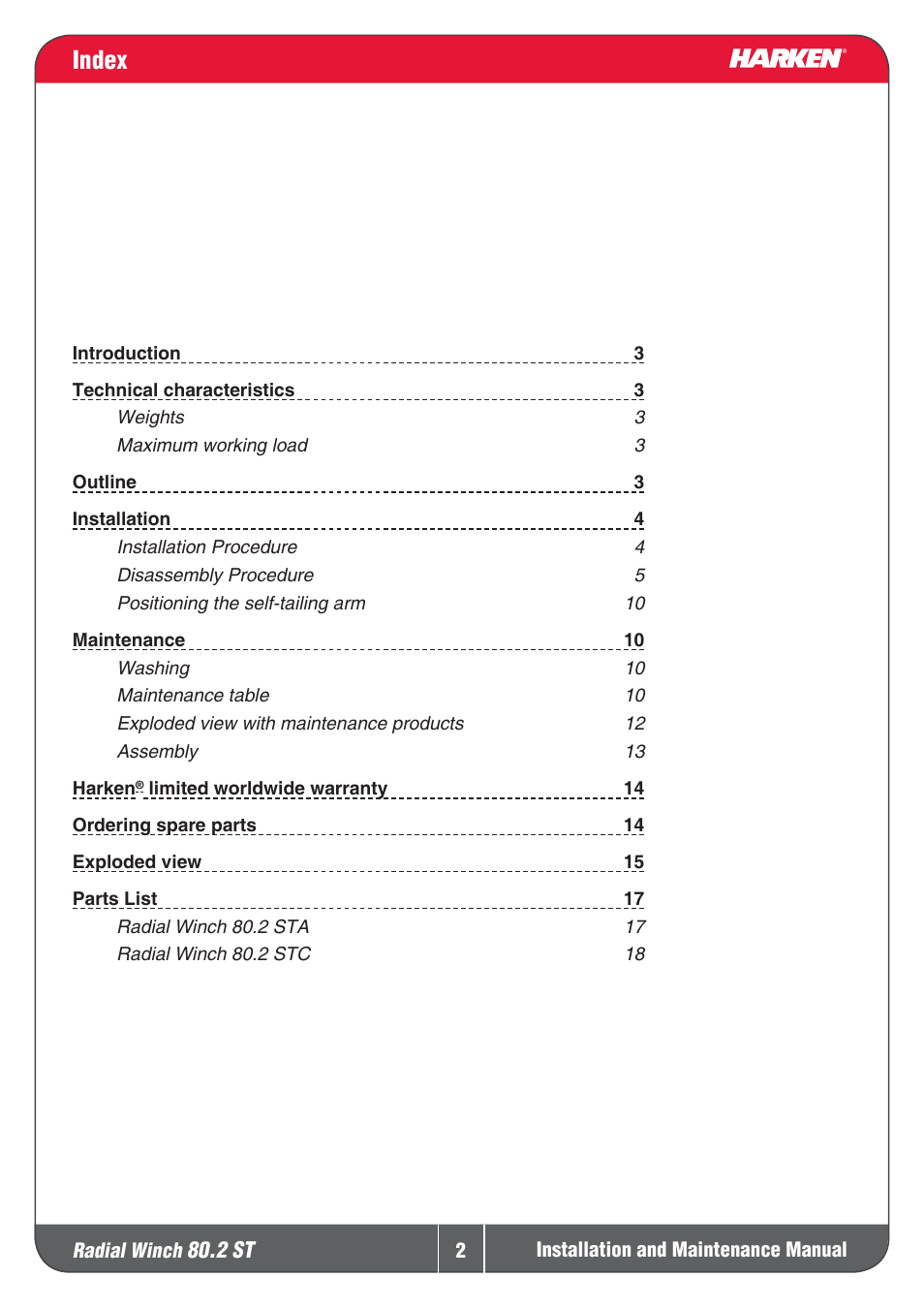 Index | Harken 80.2ST Winche User Manual | Page 2 / 18