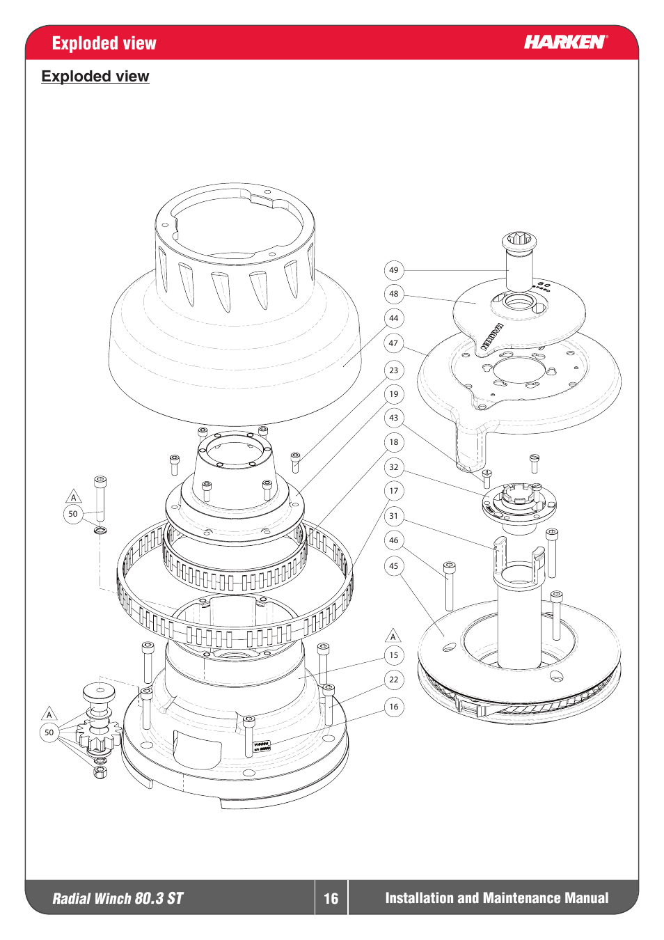 Exploded view, 3 st, Explodedview | Radial winch, Installation and maintenance manual | Harken 80.3ST Winche User Manual | Page 16 / 19