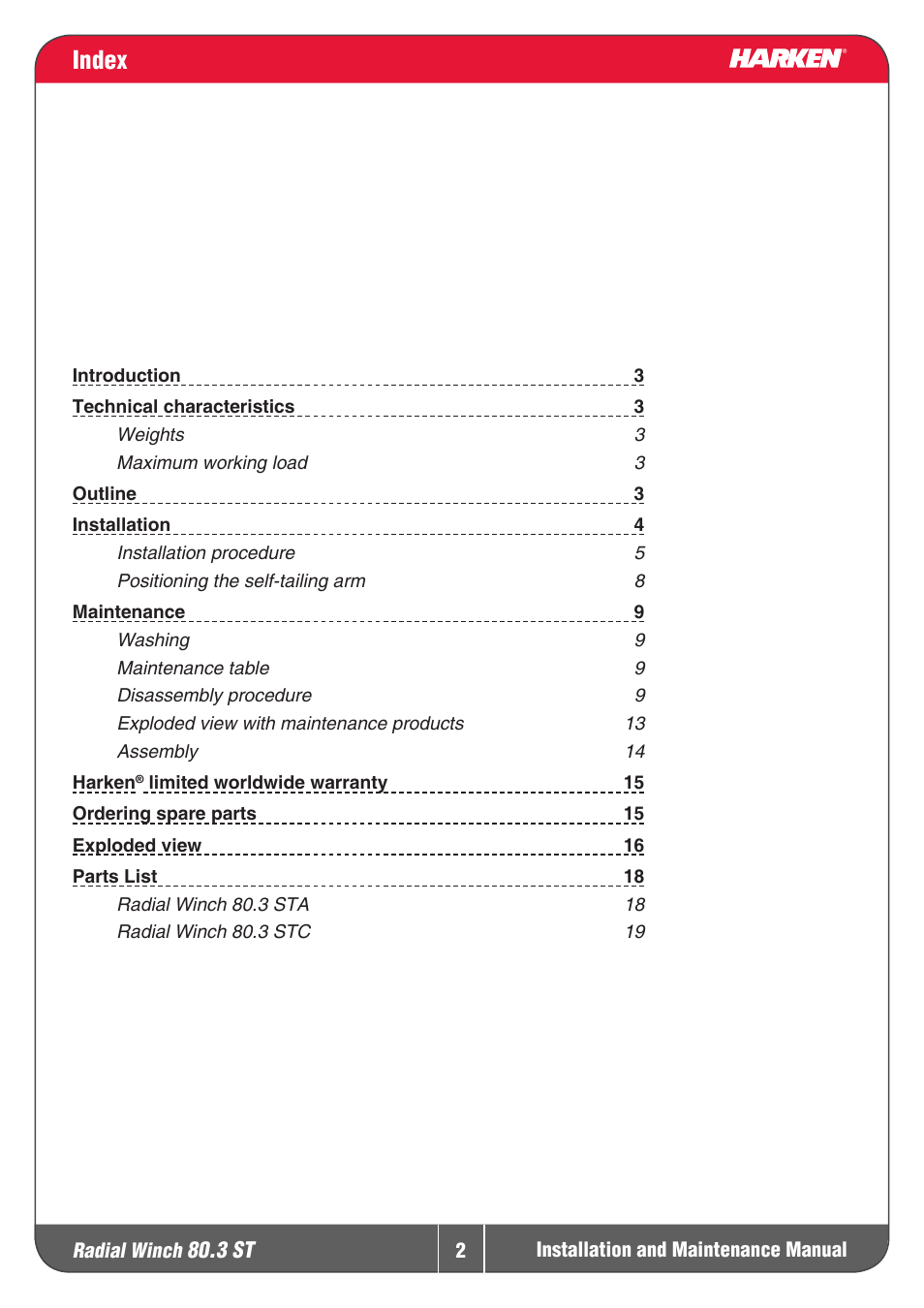 Index | Harken 80.3ST Winche User Manual | Page 2 / 19