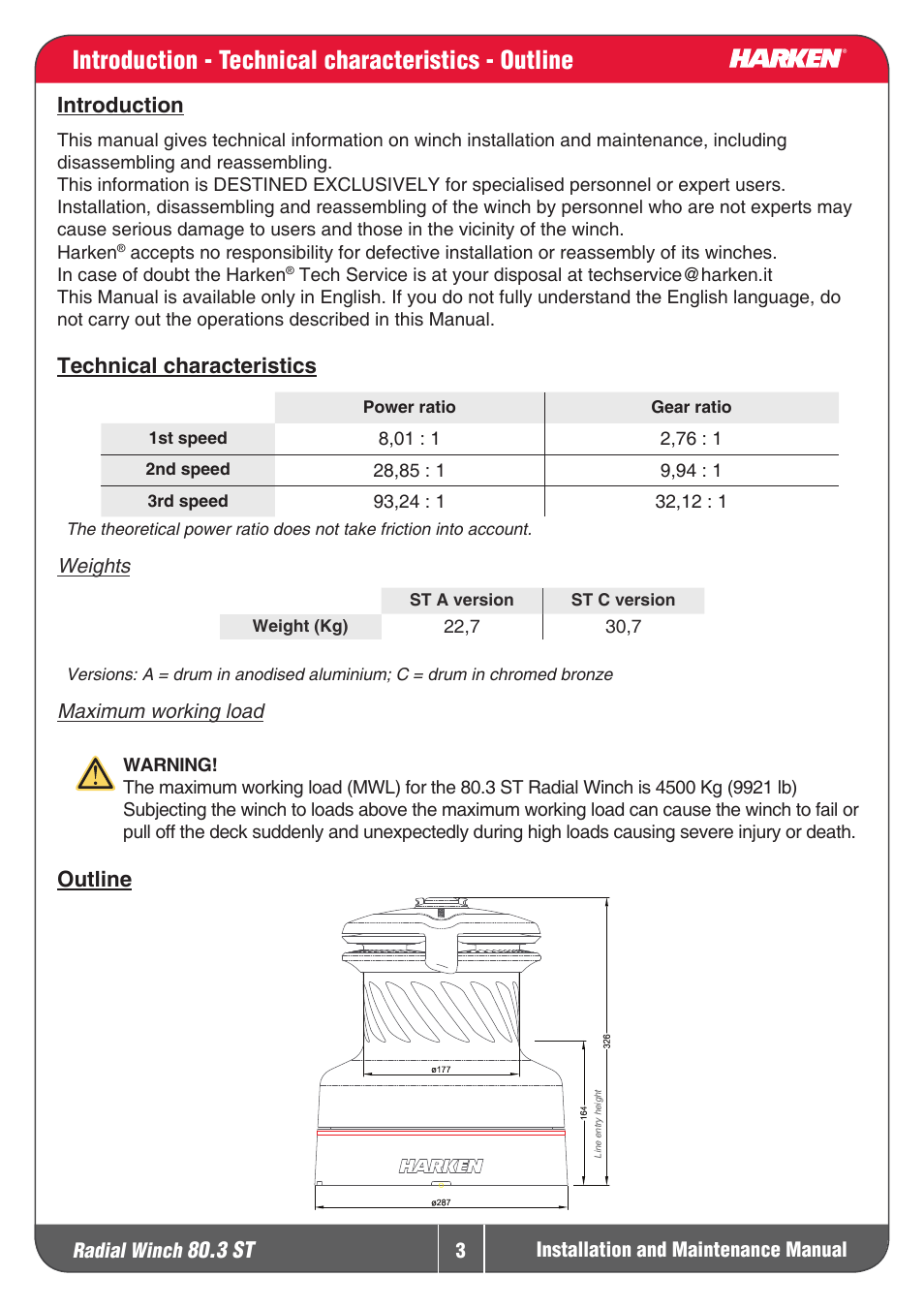 Introduction - technical characteristics - outline, 3 st, Introduction | Technicalcharacteristics, Outline, Radial winch | Harken 80.3ST Winche User Manual | Page 3 / 19