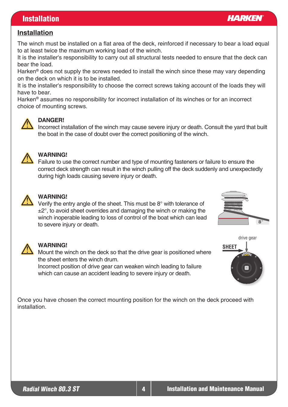 Installation | Harken 80.3ST Winche User Manual | Page 4 / 19