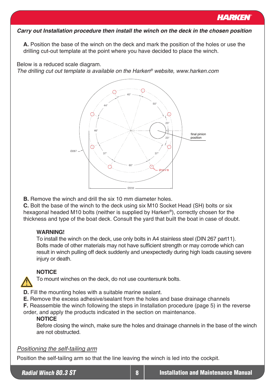3 st, Radial winch, Installation and maintenance manual | Positioningtheself-tailingarm | Harken 80.3ST Winche User Manual | Page 8 / 19
