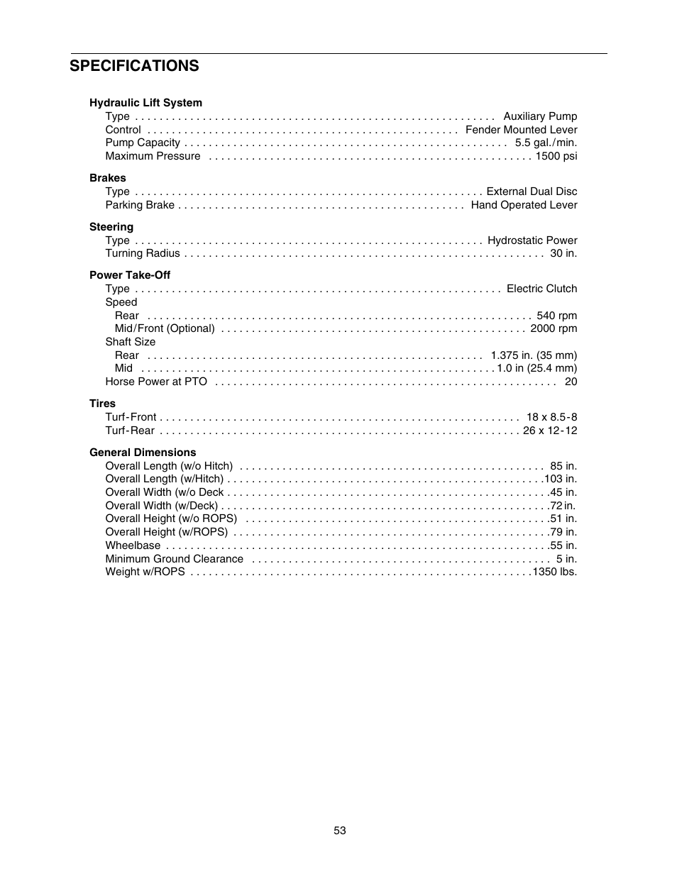 Specifications | Cub Cadet 5252 User Manual | Page 53 / 56