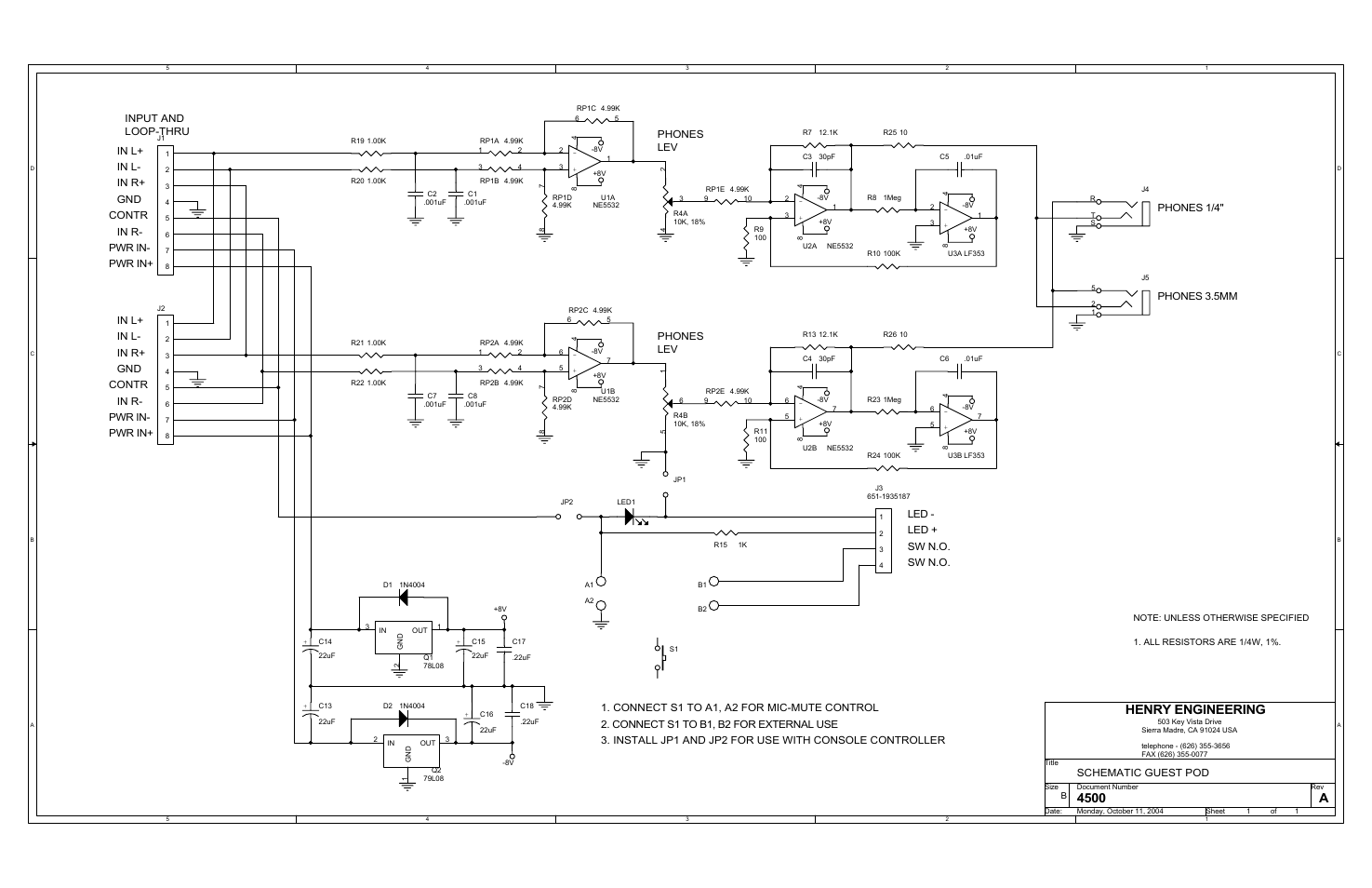4500 a, Henry engineering, Phones lev | Phones lev in r+ in l, Gnd pwr in- in r, Schematic guest pod, Phones 3.5mm, Phones 1/4 | Henry Engineering GUEST POD User Manual | Page 2 / 2