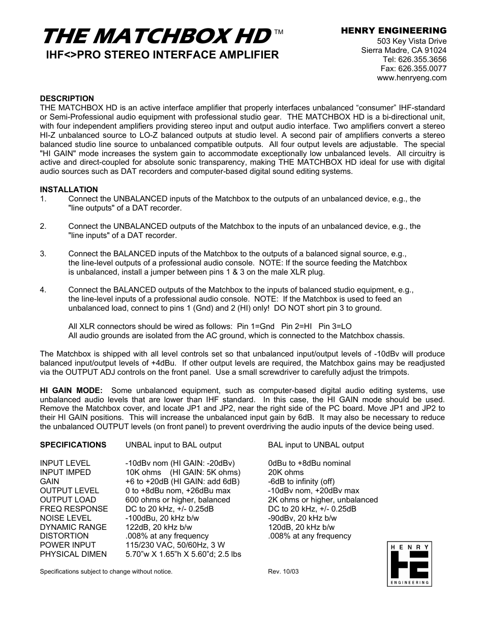 Henry Engineering MATCHBOX HD User Manual | 2 pages