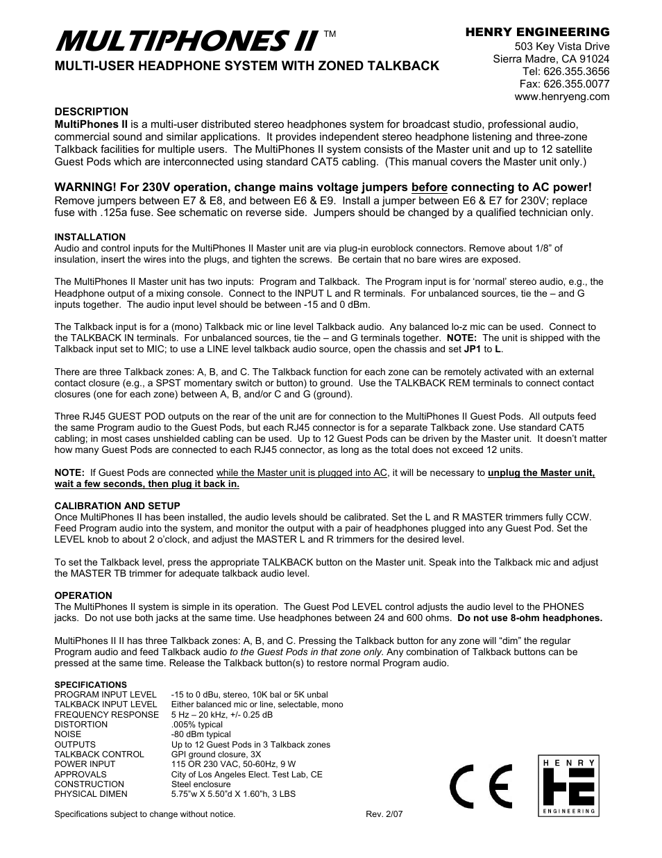 Henry Engineering MULTIPHONES II User Manual | 2 pages