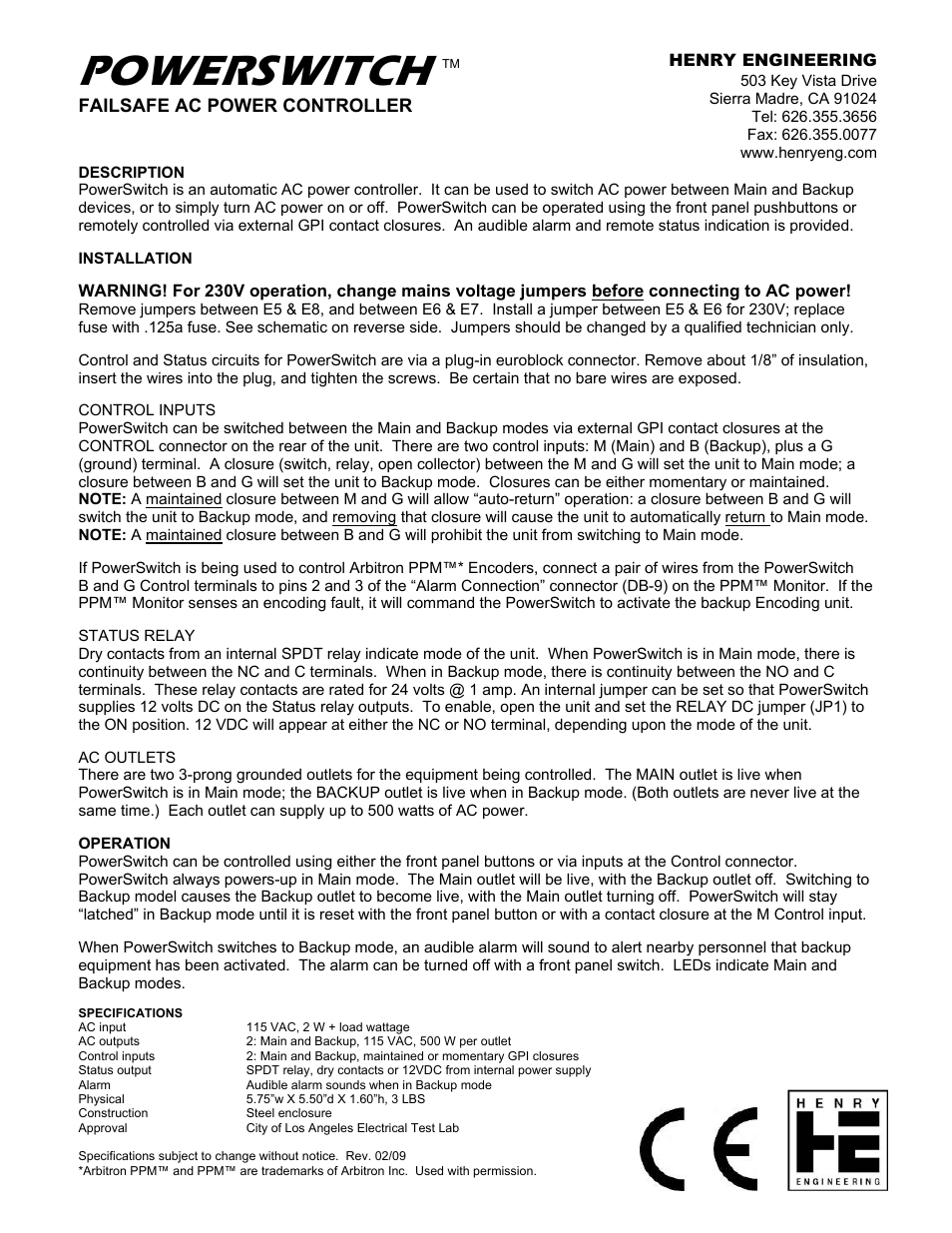 Henry Engineering POWERSWITCH User Manual | 2 pages