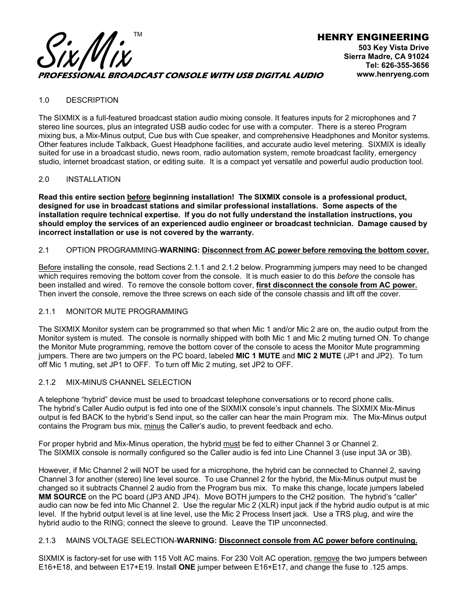 Henry Engineering SIXMIX User Manual | 9 pages