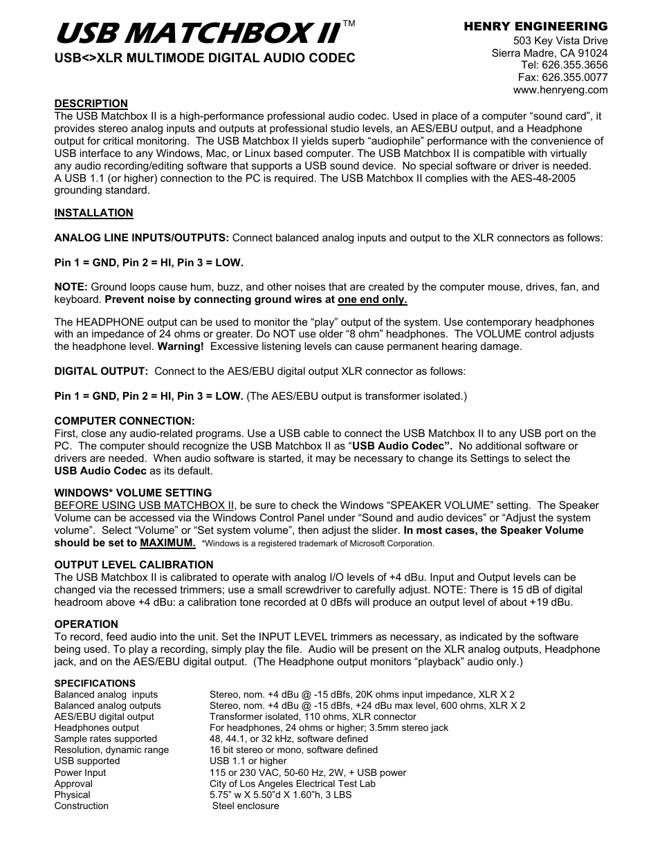 Henry Engineering USB MATCHBOX II User Manual | 2 pages