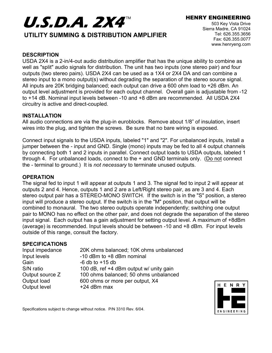 Henry Engineering USDA 2X4 User Manual | 2 pages