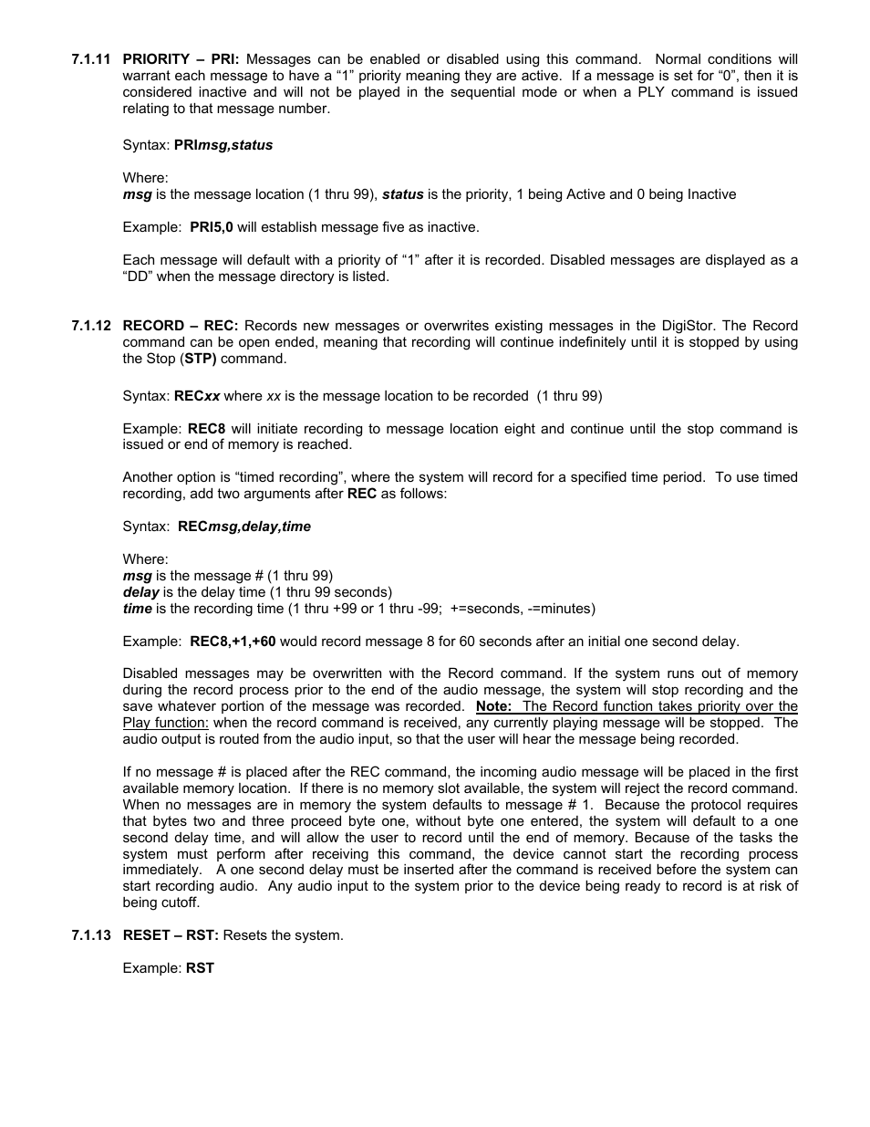 Priority – pri: messages can be enabled or disabl, Record – rec: records new messages or overwrites | Henry Engineering DigiStor MP User Manual | Page 7 / 9