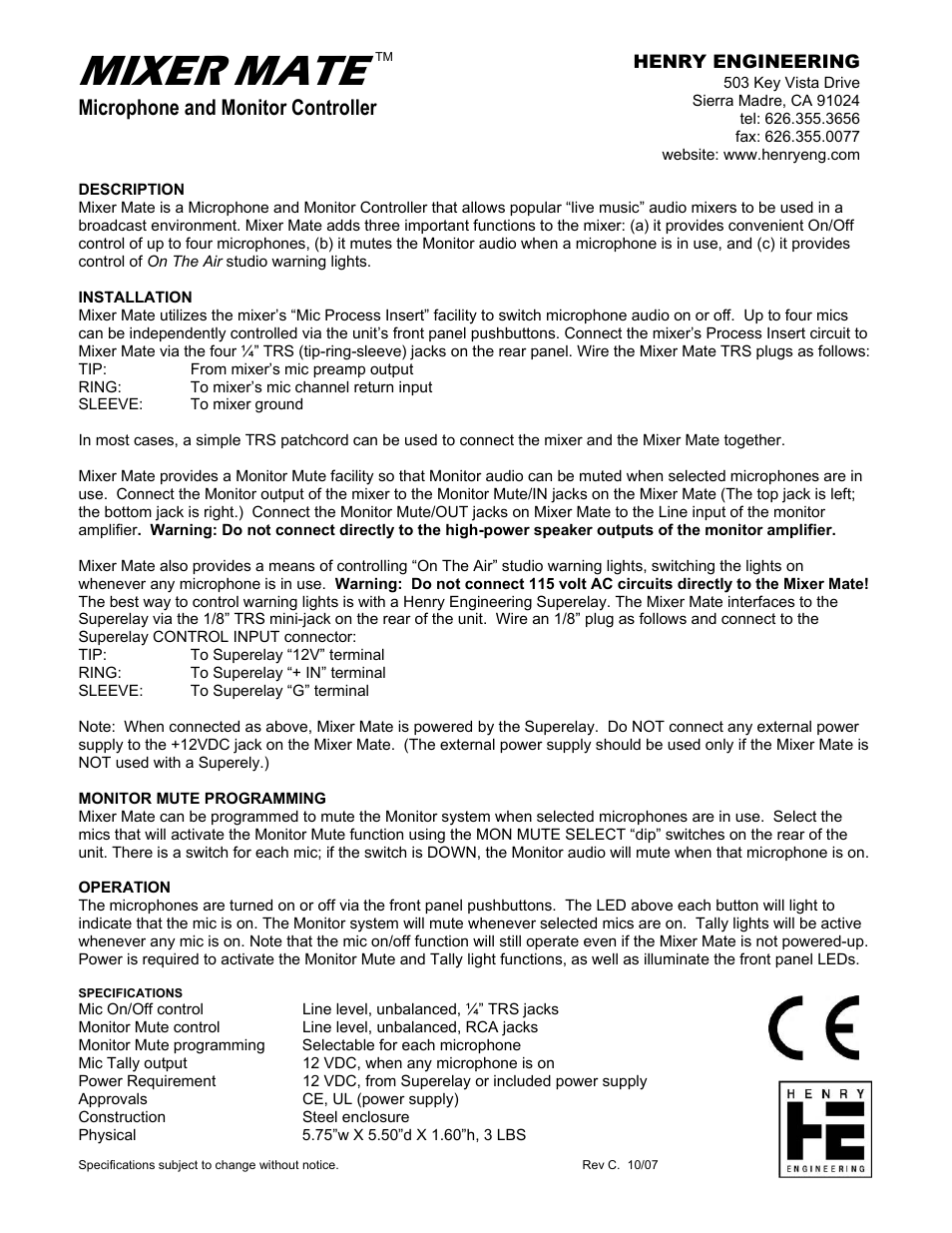 Henry Engineering Mixer Mate User Manual | 2 pages