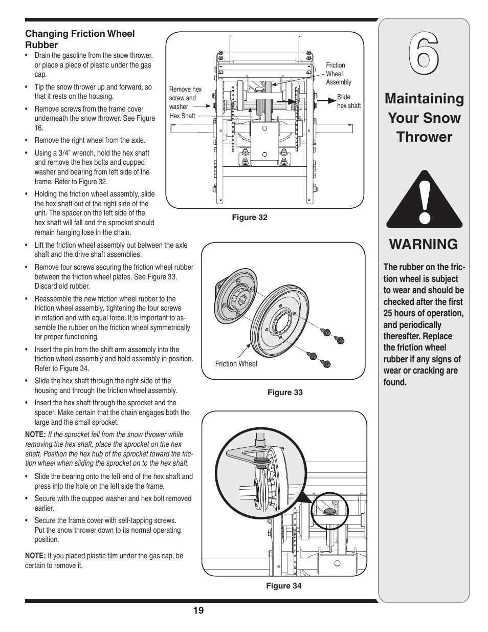 Maintaining your snow thrower warning | Cub Cadet 769-03268 User Manual | Page 19 / 56