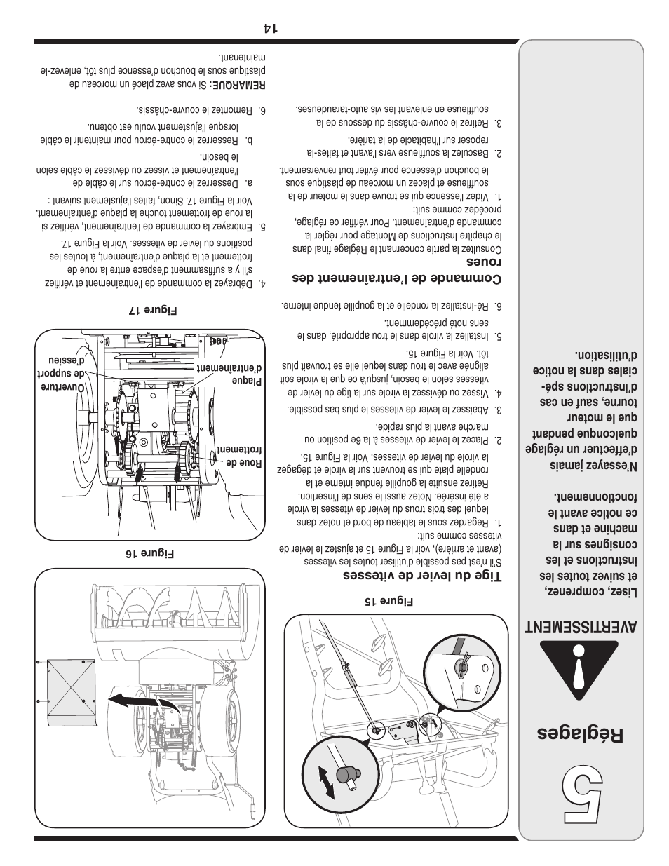 Réglag es, Aver tissement | Cub Cadet 769-03268 User Manual | Page 43 / 56