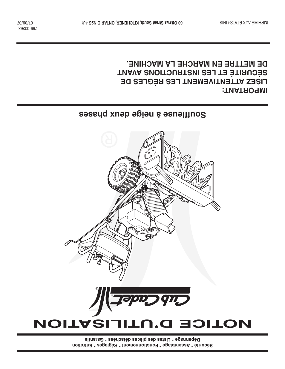 Notice d’utilisa tion, Souffleuse à neige deux phases | Cub Cadet 769-03268 User Manual | Page 56 / 56