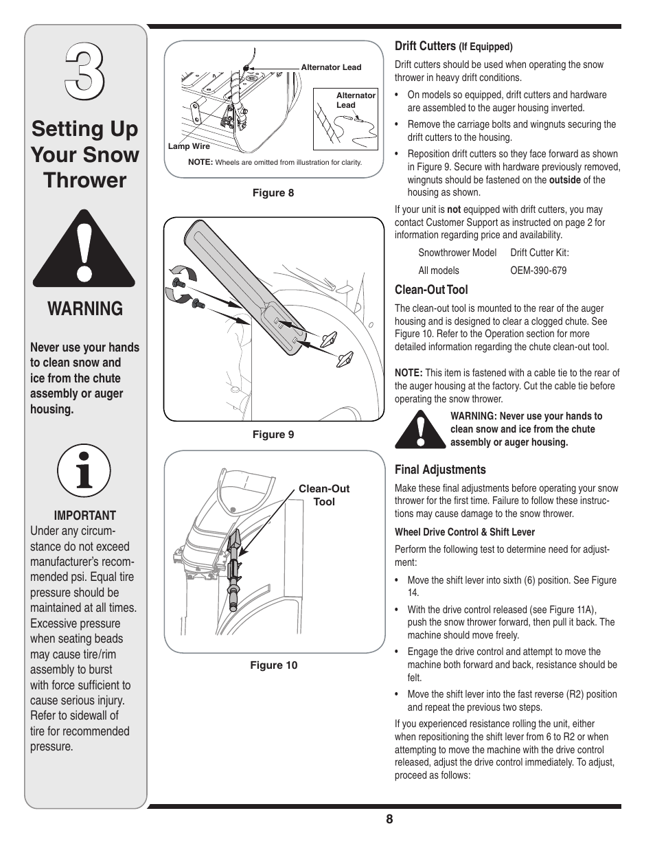 Setting up your snow thrower, Warning | Cub Cadet 769-03268 User Manual | Page 8 / 56